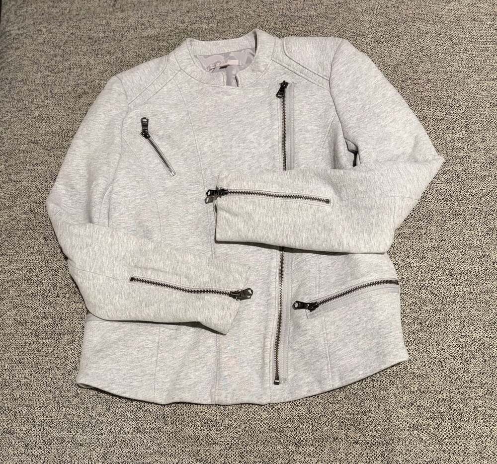072-Gap Knit Motorcycle Jacket Size S Gray Fleece Moto Asymmetrical Zip